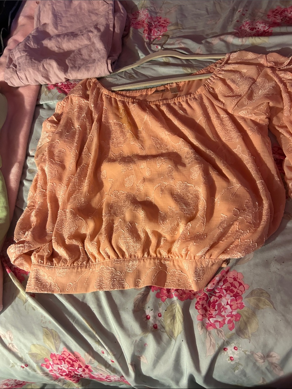 Peach Textured Off-Shoulder Blouse with Elastic Hem